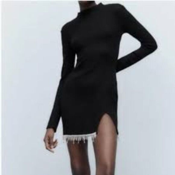 Zara Jewel Soft Mini Dress Black Small Long Sleeve Size Small NWT - Picture 1 of 8
